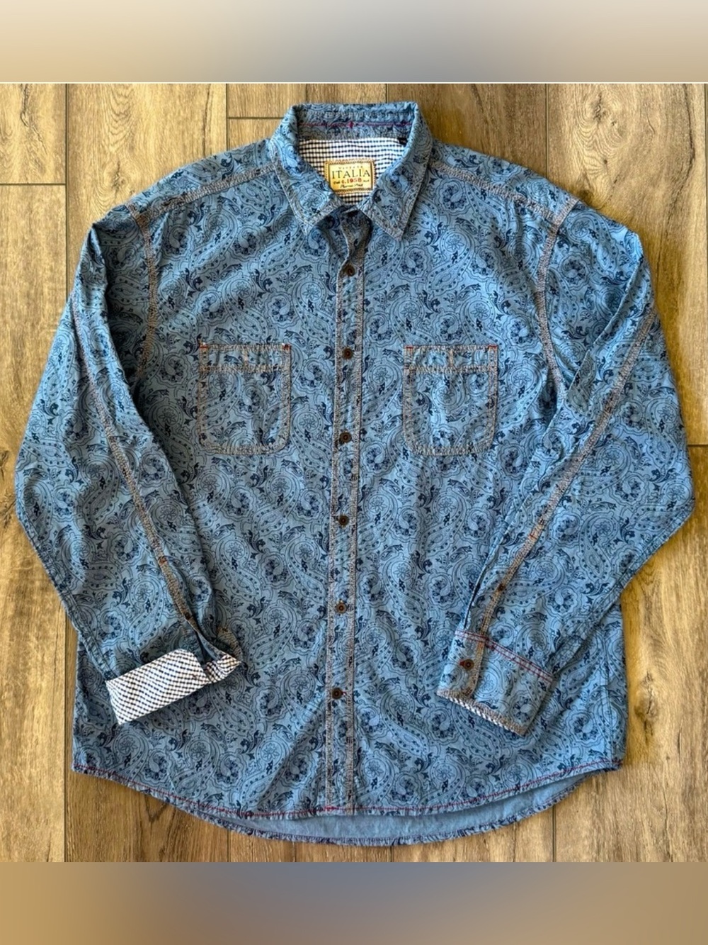 ITALIA Men’s XXL Blue Paisley Button-Down Long Sleeve Shirt Gingham Flip Cuff